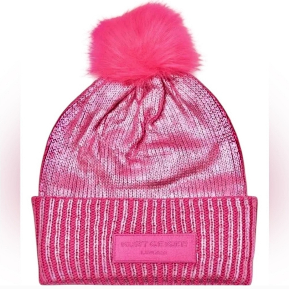 KURT GEIGER LONDON FOIL OVERLAY RIBBED KNIT METALLIC HOT PINK POMPOM HAT OS NWT